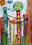 Эдуард Степура, 6 лет. Город-праздник. 2011. Бумага, акварель, фломастеры. «Дома в моём городе все яркие, необычные…». 2-ое место в номинации «Младшая группа изостудий»
