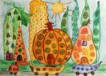 Артём Цибик, 7 лет. Город овощей и фруктов. 2011. Бумага, акварель, фломастеры, цветные карандаши