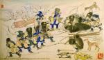 画家，日本。《把杀死的熊从洞穴里拖出来》，《矮奴民族生活和习俗》的系列，1862年后创作的。纸、墨汁、水彩、水粉颜料、白粉。