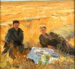Василий Белан. Обед комбайнёров. 1960. Картон, масло; 34,6×37 см