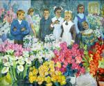 Евгения Пастухова (1917–1997). На выставке цветов. 1967. Холст, масло; 110×130 см