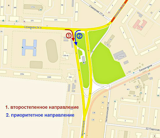 Изменение приоритета движения на пересечении улиц 21-й Амурской и Челюскинцев, Омск
