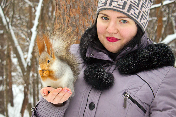 Squirrel eating out of hand at the premices of the holiday hotel in Omsk Region